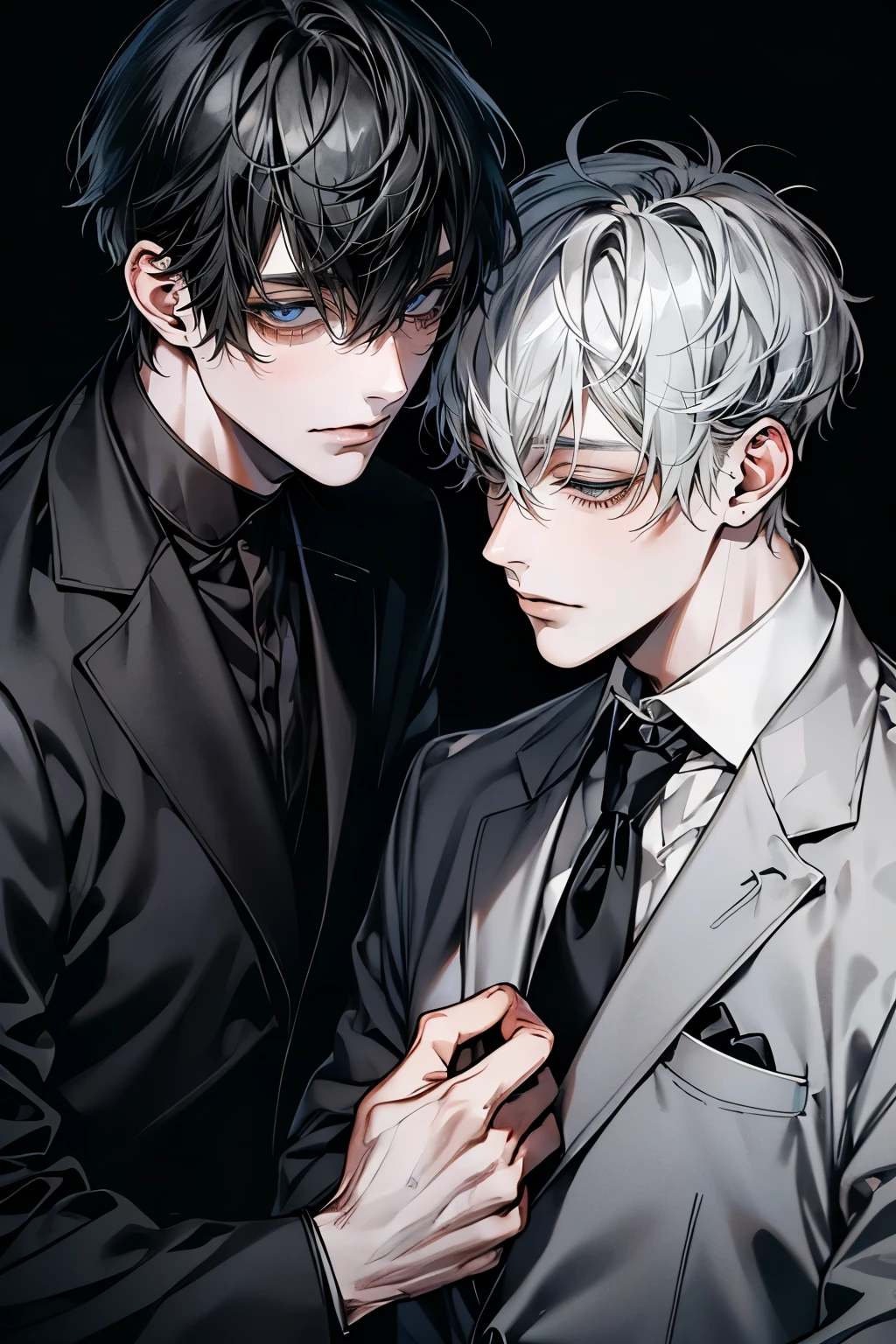 (Mastepiece), (Best Quality), Very detailed, ((Two friendly men:1.5)), Perfect Face, Beautiful Face, Very detailedな顔，(Black-haired man:1.3)，(Grey-haired man:1.3)、suit