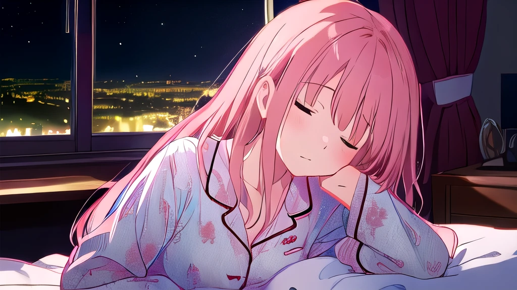 (highest quality, masterpiece, High resolution), One girl, Mid-chest,  Pink Hair, long hair, sexy pajamas, Collapsed in bed, asleep, You can see the starry sky from the window, night, Dimly lit room