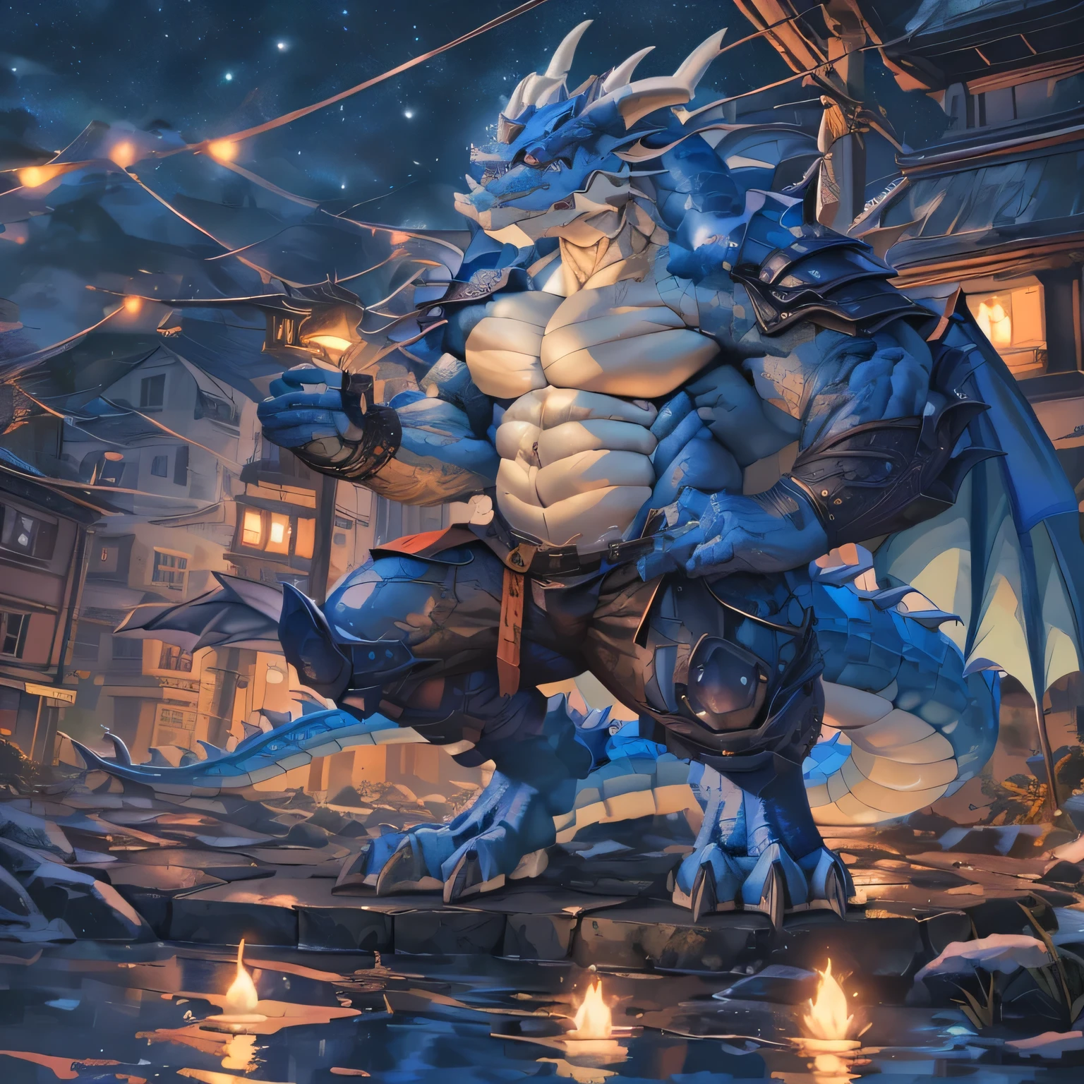 there is a Dragon that is stanDing in the street, anthro Dragon art, male robotic anthro Dragon, D&D commision art Dragon, blue Dragon, blue scaleD Dragon, high quality DnD illustration, as an anthropomorphic Dragon, Dragon inspireD blue armor, a baDDass Dragon, high resolution committee, young male anthro Dragon