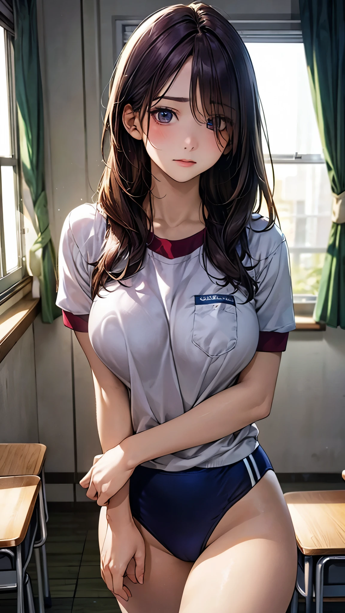 (masterpiece:1.2, top-quality), (realistic, photorealistic:1.4), beautiful illustration, (natural side lighting, movie lighting), nsfw, 
looking at viewer, face focus, upper body, 1 girl, japanese, high school girl, perfect face, cute and symmetrical face, shiny skin, 
(long hair:1.5, straight hair:1.4, dark purple hair), hair over one eye, dark purple, long eye lasher, (large breasts, seductive thighs, big ass), nipple hardening, slender, 
beautiful hair, beautiful face, beautiful detailed eyes, beautiful clavicle, beautiful body, beautiful chest, beautiful thigh, beautiful legs, beautiful fingers, 
((navy gym uniform, navy buruma)), 
(beautiful scenery), evening, (school class room), school desk, school chair, window, curtains, blackboard, standing, (sad),