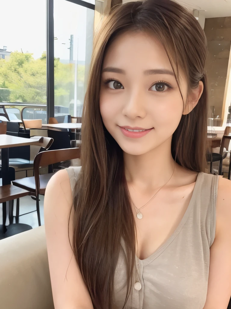 A beautiful Japanese shy girl, 18 years old, sweep her hair up, brown big eyes, shiny lip, shiny hair, ecstatic expression, in cafe, in front of huge window, light shine in, she is sitting sofa in front of table, The background is very blurry, wearing summer casual clothes, wearing neckless,