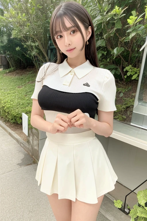 Black Mini Skirt　Skirts should be shortened　Gravure idol pose　Hotel　uniform　White clothes　high resolution　Not too small bust