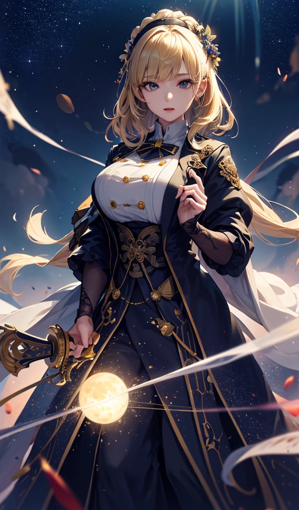 masterpiece, high quality, 4K, Beautiful design, silhouette,blonde, 非常に詳細な夜のStarry Sky,Flower Field, wonderful, Finer details, Very knowledgeable woman, Highly detailed solo, 1 female,Big Breasts,uniform,Night view,Starry Sky,full moon,