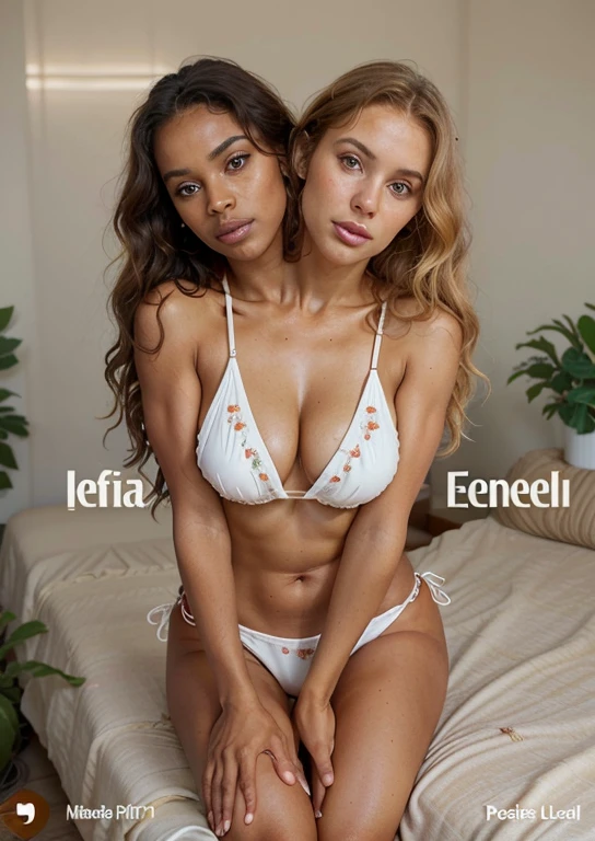 (Vintage photo, analog filter, chromatic aberration, lens leak, light leak, polaroid, candid photo), 60-year-old dark skinned African woman named Biena and, her spray tanned white American lover with blonde hair named Estella, rival 60’s swimsuit models, supermodels, (hugging each other tight, squishing their bodies together, slow dancing, hanging in her arms, flowing together), gazing at each other, eyes averted, in love, lusting after each other, they had sex together, (detailed 60’s bohemian villa, villa interior, plants, interior plants, vines, flowers, photoshoot, risqué magazine cover photoshoot, 1965, sixties style), (( Estella is a tanned white American woman, middle aged, some wrinkles, aging beauty, blonde hair, curly hair, bangs over forehead, lots of freckles all over her body, white skin, tan skin, slim body, fit body)), ((Biena is 60-year-old, sexy African woman, black short and straight hair, bangs, dark brown African skin, suntanned skin, black skin, onyx skin, ebony skin, tattoos on her body, thick thighs, slightly chubby)), ultra-realistic photo, feminine features, ((both have very different facial features, ethnicities, and skin colors)), ((wearing red 60’s styled bikini, beach jewelry)), conjoined, 2 heads, different heads, different skin colors, vitiligo, harsh mixing, clear boundary where skin color changes, smooth transition, contrasting skin colors