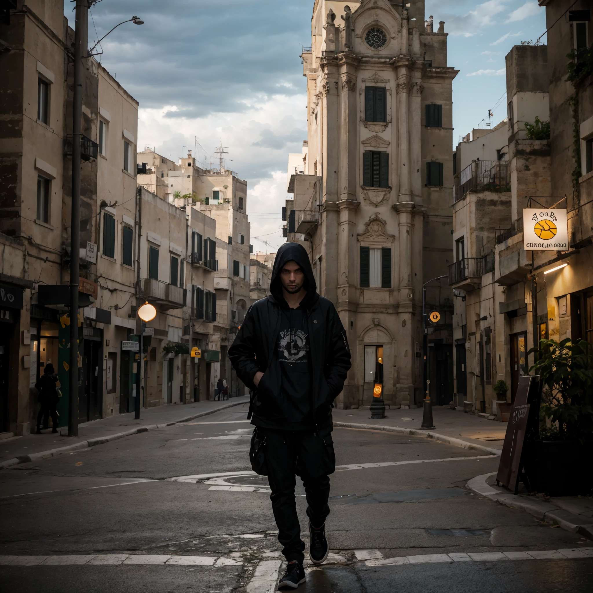  in town of Matera, outdoor, in streets of sassi_di_matera, italian town, cathedral of Matera, [[The character is surrounded by mist, evoking a mysterious and eerie atmosphere. The lighting is dark and atmospheric, with a red smoke adding a touch of sinister ambiance. The image is of the best quality, with a resolution of 4k and HDR enhancement, showcasing the utmost level of detail and realism, sfw, full body shot.]] 