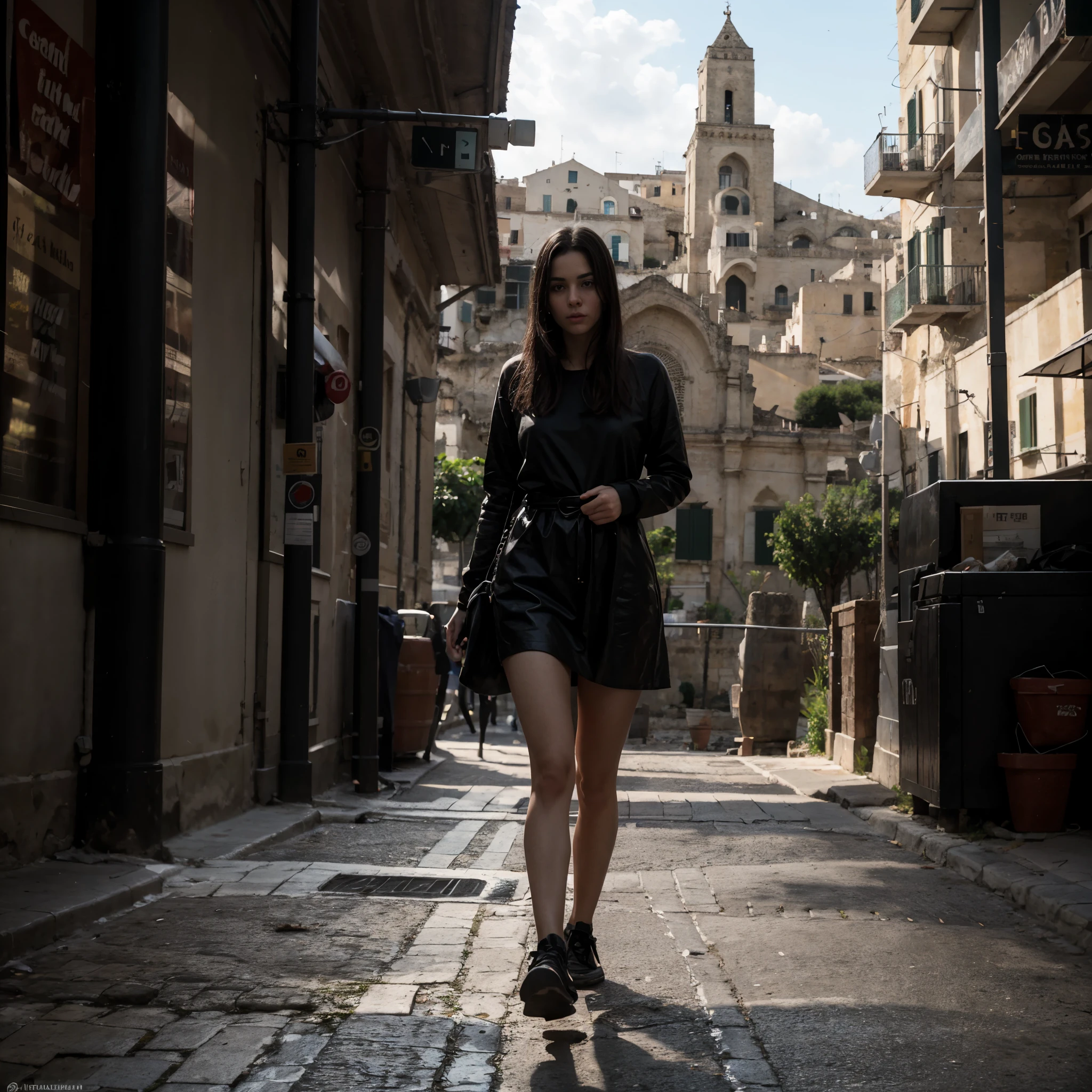  in town of Matera, outdoor, in streets of sassi_di_matera, italian town, cathedral of Matera, [[The character is surrounded by mist, evoking a mysterious and eerie atmosphere. The lighting is dark and atmospheric, with a red smoke adding a touch of sinister ambiance. The image is of the best quality, with a resolution of 4k and HDR enhancement, showcasing the utmost level of detail and realism, sfw, full body shot.]] 
