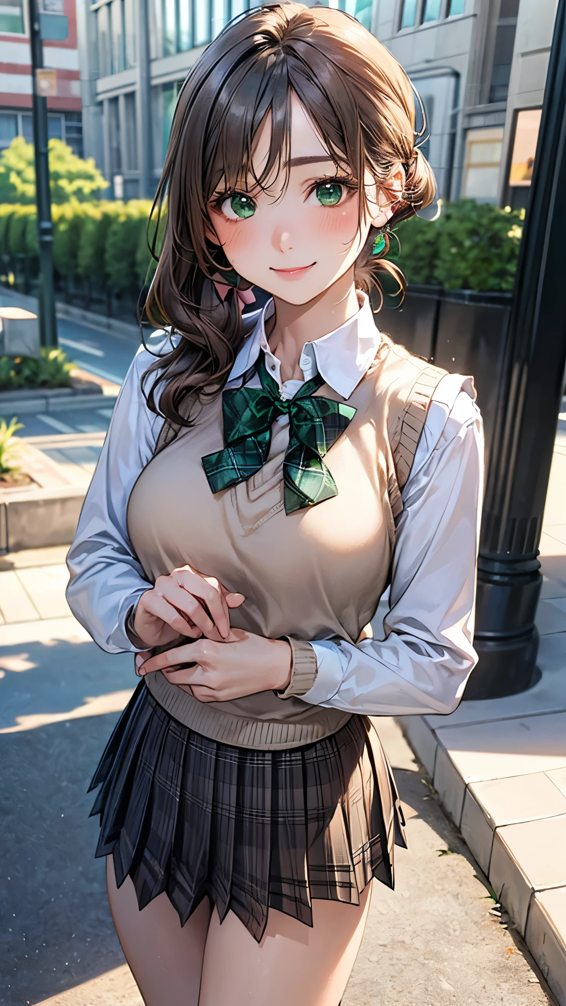 (masterpiece:1.2, top-quality), (realistic, photorealistic:1.4), beautiful illustration, (natural side lighting, movie lighting),
looking at viewer, cowboy shot, front view:0.6, 1 girl, japanese, high school girl, perfect face, cute and symmetrical face, shiny skin,
(middle hair:1.5, side ponytail:1.4, sidelocks, light brown hair), parted bangs, emerald green eyes, long eye lasher, (large breasts:0.9, thick thighs),
beautiful hair, beautiful face, beautiful detailed eyes, beautiful clavicle, beautiful body, beautiful chest, beautiful thigh, beautiful legs, beautiful fingers,
((light blue long sleeve collared shirts, blue plaid pleated mini skirt, socks, brown loafers, emerald green bow tie, beige sleeveless knitted vest)), pink panties,
(beautiful scenery), evening, riverside, walking, hands on chest, (lovely smile, upper eyes),