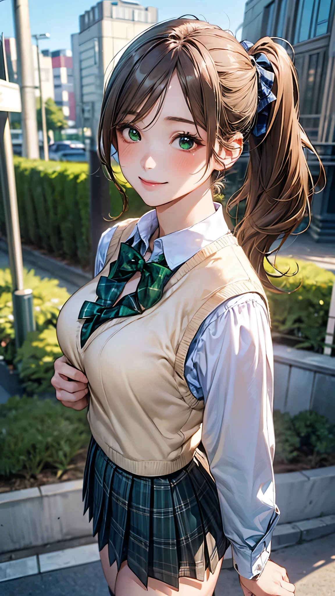 (masterpiece:1.2, top-quality), (realistic, photorealistic:1.4), beautiful illustration, (natural side lighting, movie lighting), 
looking at viewer, cowboy shot, front view:0.6, 1 girl, japanese, high school girl, perfect face, cute and symmetrical face, shiny skin, 
(middle hair:1.5, side ponytail:1.4, sidelocks, light brown hair), parted bangs, emerald green eyes, long eye lasher, (large breasts:0.9, thick thighs), 
beautiful hair, beautiful face, beautiful detailed eyes, beautiful clavicle, beautiful body, beautiful chest, beautiful thigh, beautiful legs, beautiful fingers, 
((light blue long sleeve collared shirts, blue plaid pleated mini skirt, socks, brown loafers, emerald green bow tie, beige sleeveless knitted vest)), pink panties, 
(beautiful scenery), evening, riverside, walking, hands on chest, (lovely smile, upper eyes), 