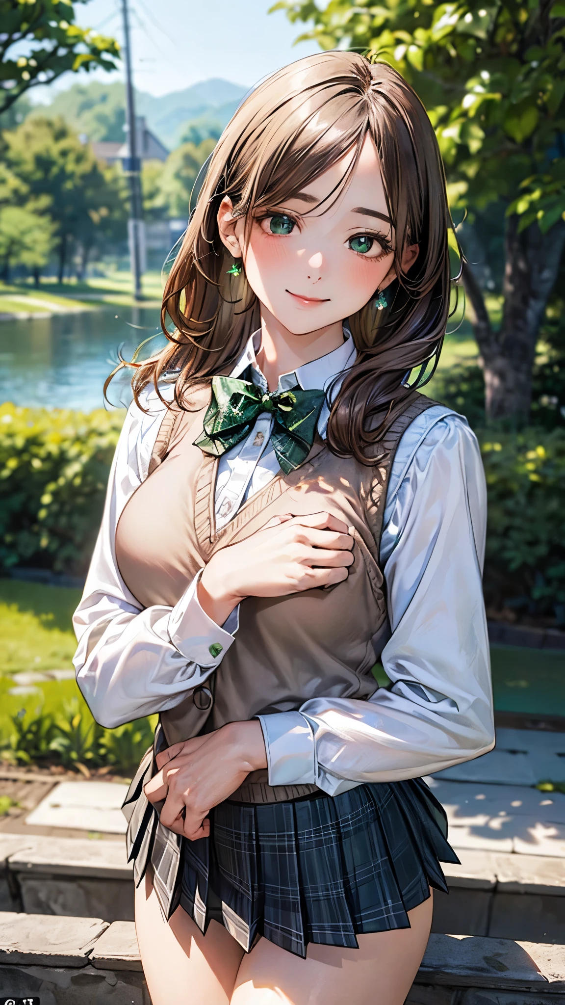 (masterpiece:1.2, top-quality), (realistic, photorealistic:1.4), beautiful illustration, (natural side lighting, movie lighting),
looking at viewer, cowboy shot, front view:0.6, 1 girl, japanese, high school girl, perfect face, cute and symmetrical face, shiny skin,
(middle hair:1.5, side ponytail:1.4, sidelocks, light brown hair), parted bangs, emerald green eyes, long eye lasher, (large breasts:0.9, thick thighs),
beautiful hair, beautiful face, beautiful detailed eyes, beautiful clavicle, beautiful body, beautiful chest, beautiful thigh, beautiful legs, beautiful fingers,
((light blue long sleeve collared shirts, blue plaid pleated mini skirt, socks, brown loafers, emerald green bow tie, beige sleeveless knitted vest)), pink panties,
(beautiful scenery), evening, riverside, walking, hands on chest, (lovely smile, upper eyes),