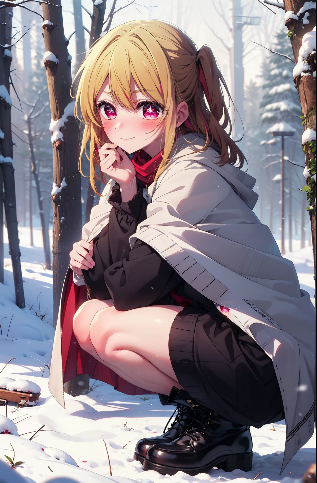 rubyhoshino, Hoshino Ruby, Long Hair, bangs, Blonde Hair, (Pink Eyes:1.3), Side Lock, (Symbol-shaped pupil:1.5), Multicolored Hair, Two-tone hair, smile,,smile,blush,White Breath,
Open your mouth,snow,Ground bonfire, Outdoor, boots, snowing, From the side, wood, suitcase, Cape, Blurred, , forest, White handbag, nature, Squat, Mouth closed, Cape, winter, Written boundary depth, Black shoes, red Cape break looking at viewer, Upper Body, whole body, break Outdoor, forest, nature, break (masterpiece:1.2), highest quality, High resolution, unity 8k wallpaper, (shape:0.8), (Beautiful and beautiful eyes:1.6), Highly detailed face, Perfect lighting, Extremely detailed CG, (Perfect hands, Perfect Anatomy),