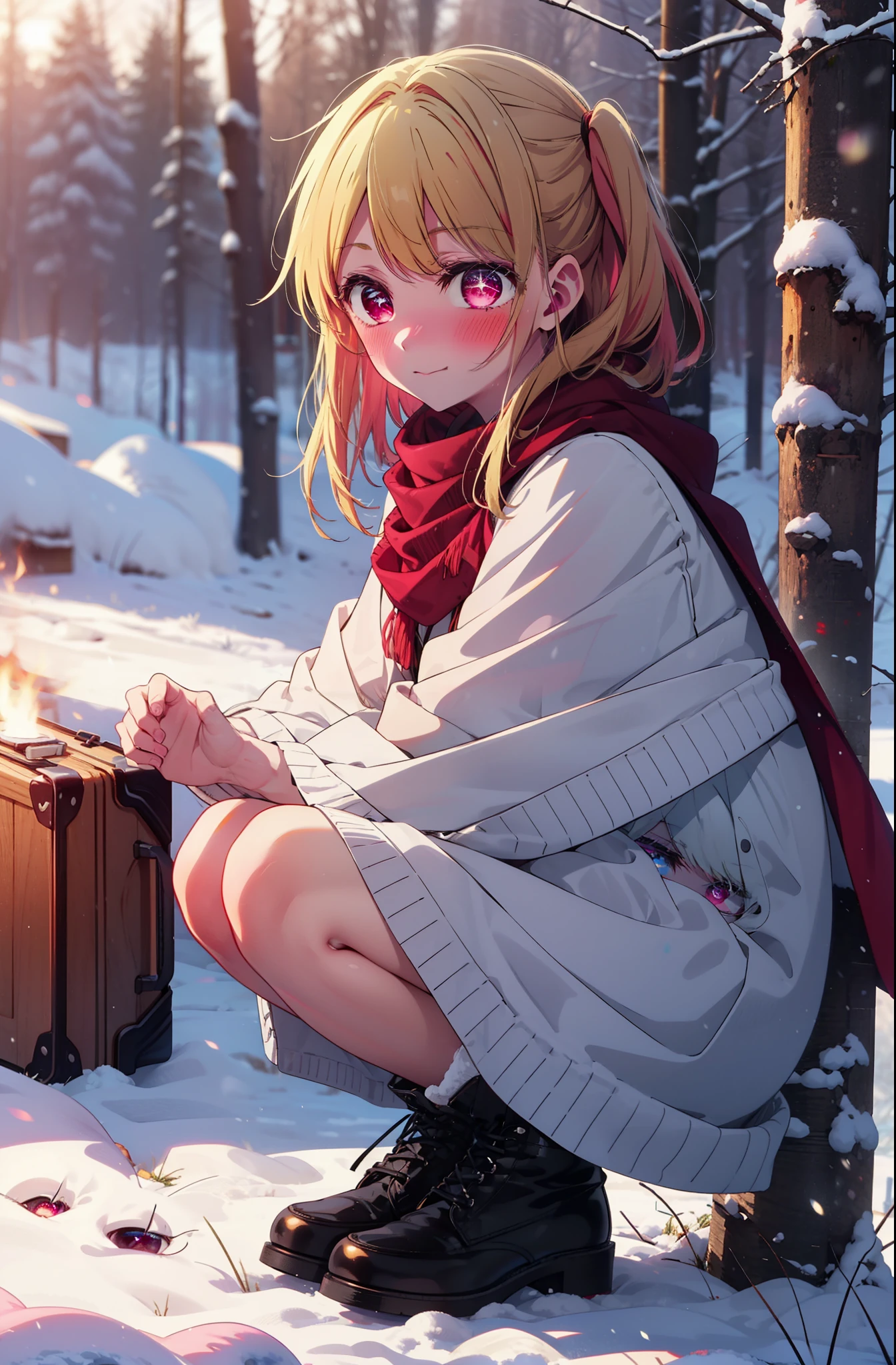 rubyhoshino, Hoshino Ruby, Long Hair, bangs, Blonde Hair, (Pink Eyes:1.3), Side Lock, (Symbol-shaped pupil:1.5), Multicolored Hair, Two-tone hair, smile,,smile,blush,White Breath,
Open your mouth,snow,Ground bonfire, Outdoor, boots, snowing, From the side, wood, suitcase, Cape, Blurred, , forest, White handbag, nature,  Squat, Mouth closed, Cape, winter, Written boundary depth, Black shoes, red Cape break looking at viewer, Upper Body, whole body, break Outdoor, forest, nature, break (masterpiece:1.2), highest quality, High resolution, unity 8k wallpaper, (shape:0.8), (Beautiful and beautiful eyes:1.6), Highly detailed face, Perfect lighting, Extremely detailed CG, (Perfect hands, Perfect Anatomy),