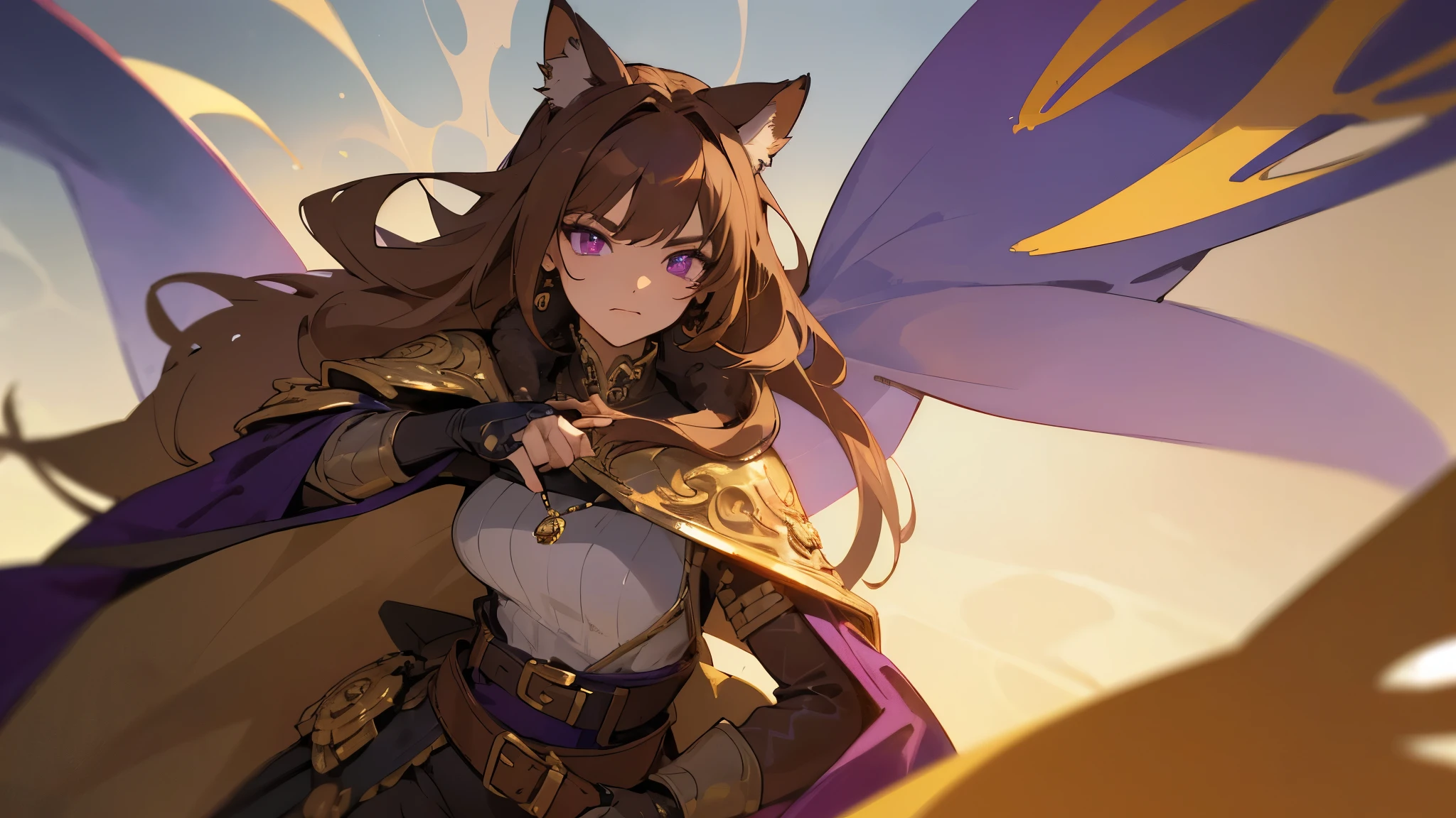 (Masterpiece), (Best Quality), (detailed and beautiful eyes:1.6) (perfect hands, perfect anatomy) ( A young female character with long, brown hair featuring lighter streaks, styled in loose waves. She has striking (purple eyes and a confident, slightly defiant expression). She has distinctive cat-like ears, brown with pink inner fur. She wears a black form-fitting top adorned with gold and red accents, including intricate patterns. Over this, she has a dark-purple cloak covering with gold detailing. Accessories include a fiolet gemstone necklace and a belt with gold ornaments. The character is depicted in a dynamic low-angle shot, giving a sense of power and movement. The background is abstract with a gradient from dark to light hues, adding depth and emphasizing the character. The lighting is warm and dramatic, with strong highlights and shadows enhancing the overall design. She has a brown belt with dark fiolet accents cinched around her waist and wears brown pants with armored greaves.
