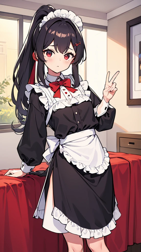 adulto, Cabello negro ondulado, mirada penetrante con ojos profundos de color rojo, estatura promedio, Silky hair with a ponytail hairstyle collected with a red bow with two white lines, tiene pechos grandes, primer plano, session, standing in the middle of his room [[[[Maid]]] , Sonrojada, muslos grandes, maid