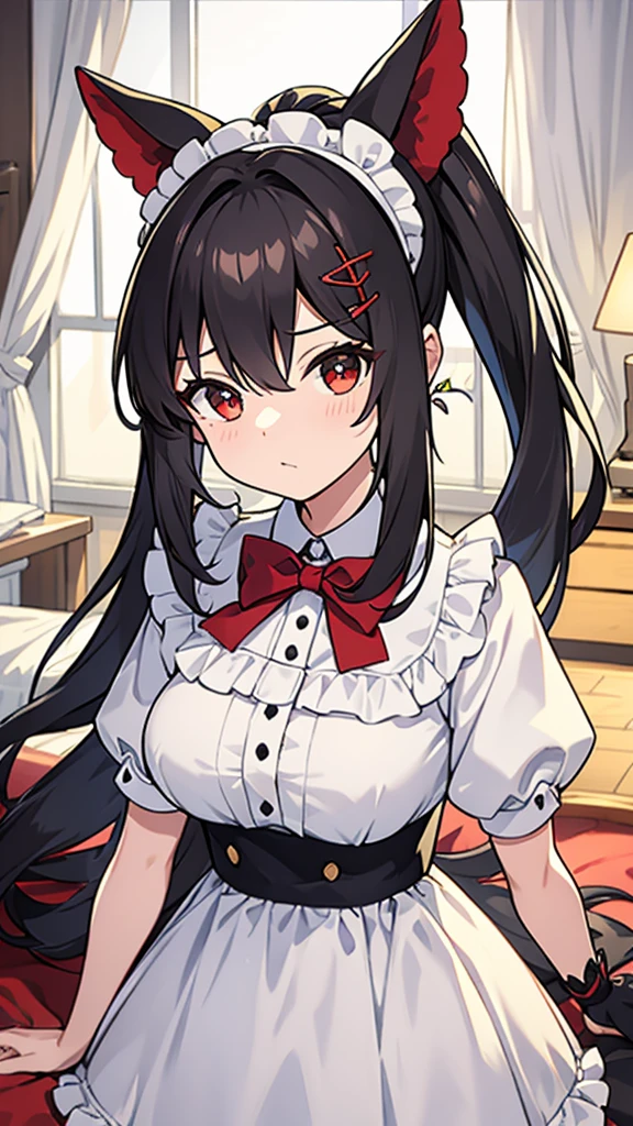 adulto, Cabello negro ondulado, mirada penetrante con ojos profundos de color rojo, estatura promedio, Silky hair with a ponytail hairstyle collected with a red bow with two white lines, tiene pechos grandes, primer plano, session, standing in the middle of his room [[[[Maid]]] , Sonrojada, muslos grandes, maid