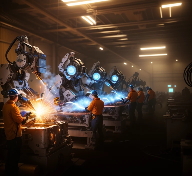 a group of workers working on robots 在factory, manufacturing, robot machinery,  robot machinery, 機器人機器factory, factory, Mechanical arm, Industrial robot，Add text to the image：Welding skills showdown：Body Shop 2024 Annual Skill Competition