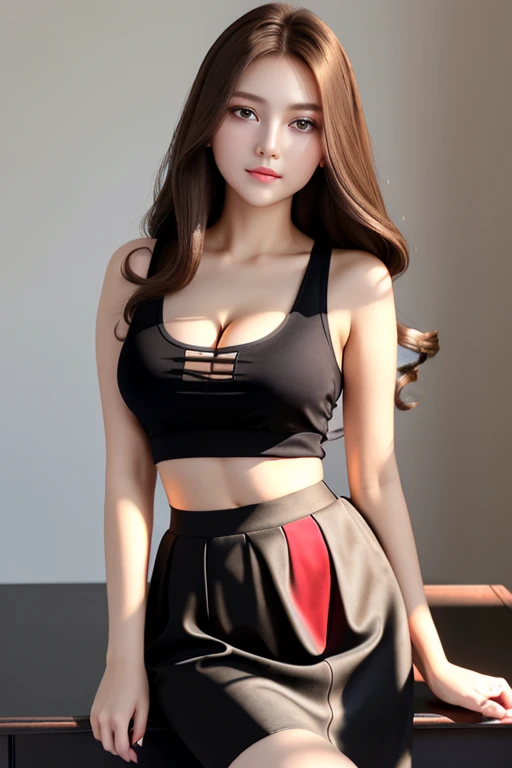 ((highest quality)), ((masterpiece)), (detailed), whole body、wallpaper、Attention to detail、Perfect balance、Tight waist、Light brown hair、Beautiful Skin、Beautiful white skin、Russian beauty、(masterpiece:1.3), Best image quality: 1.4, (Rough long hairstyle:1.2)、Soft bust、Cleavage:1.4、Wearing a black tank top、Wearing a black skirt