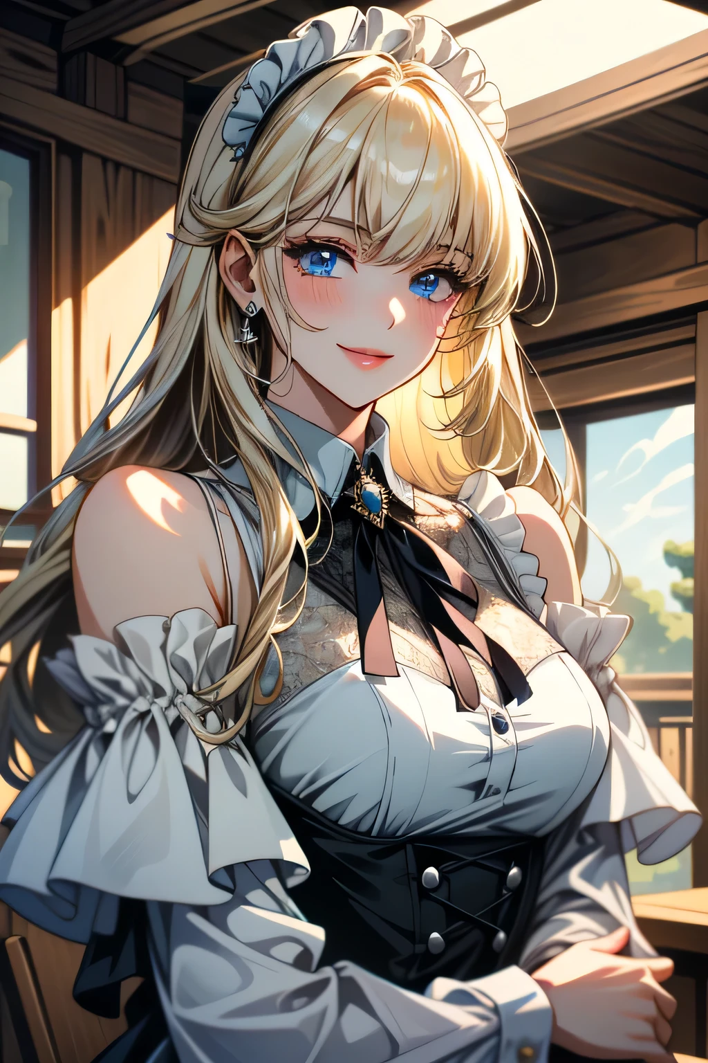 ((ultra detailed, masterpiece, absurdres))
TKNLili, 1girl, sexy maid, 30 years old, solo, long hair, bangs, blonde hair, office interior, innocently seductive vive, sky blue eyes, warm barn lighting, fantasy setting, off shoulders, black tie, smile