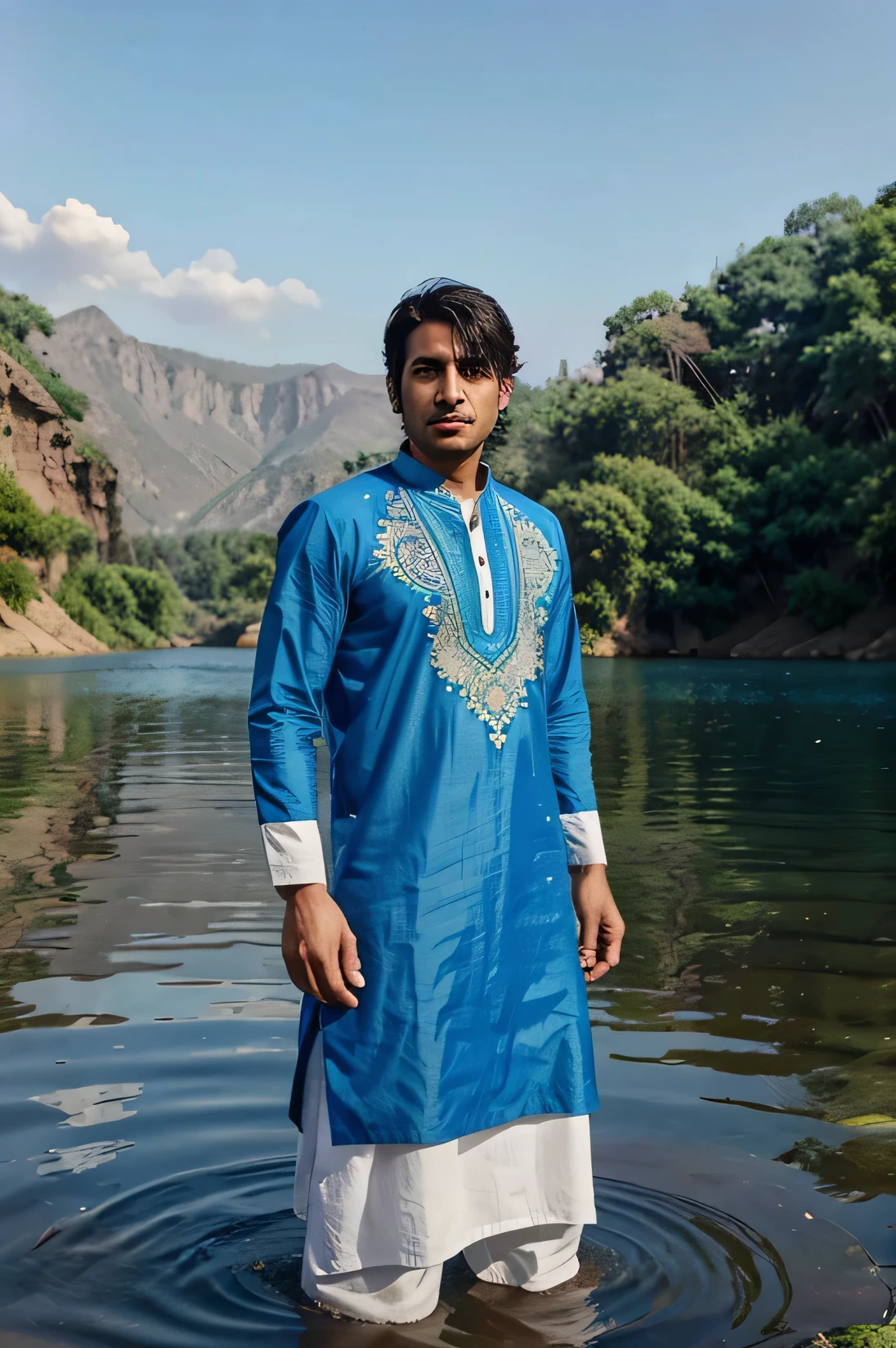 A handsome, mid 30s Pakistani man standing in front of a deep blue lake, with water splashing around him. He is wearing a blue kurta with traditional embroidery done on it. He has medium length wavy hair and bright blue eyes.