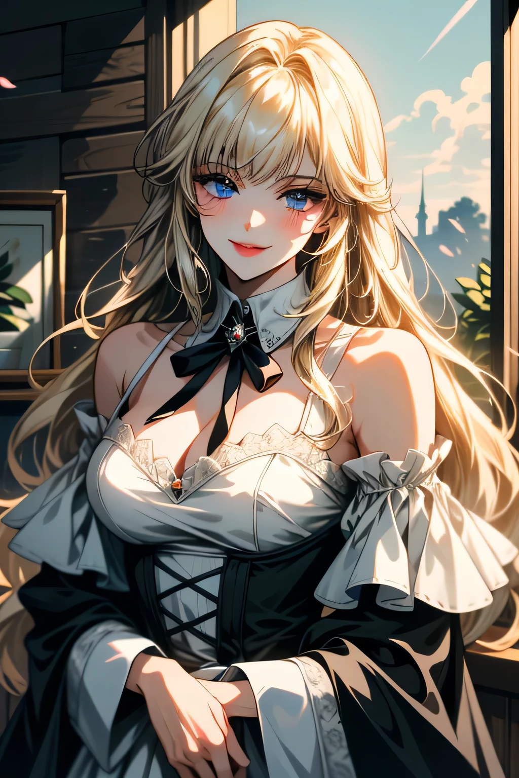 ((ultra detailed, masterpiece, absurdres))
TKNLili, 1girl, sexy maid, 30 years old, solo, long hair, bangs, blonde hair, office interior, innocently seductive vive, sky blue eyes, warm barn lighting, fantasy setting, off shoulders, black tie, smile