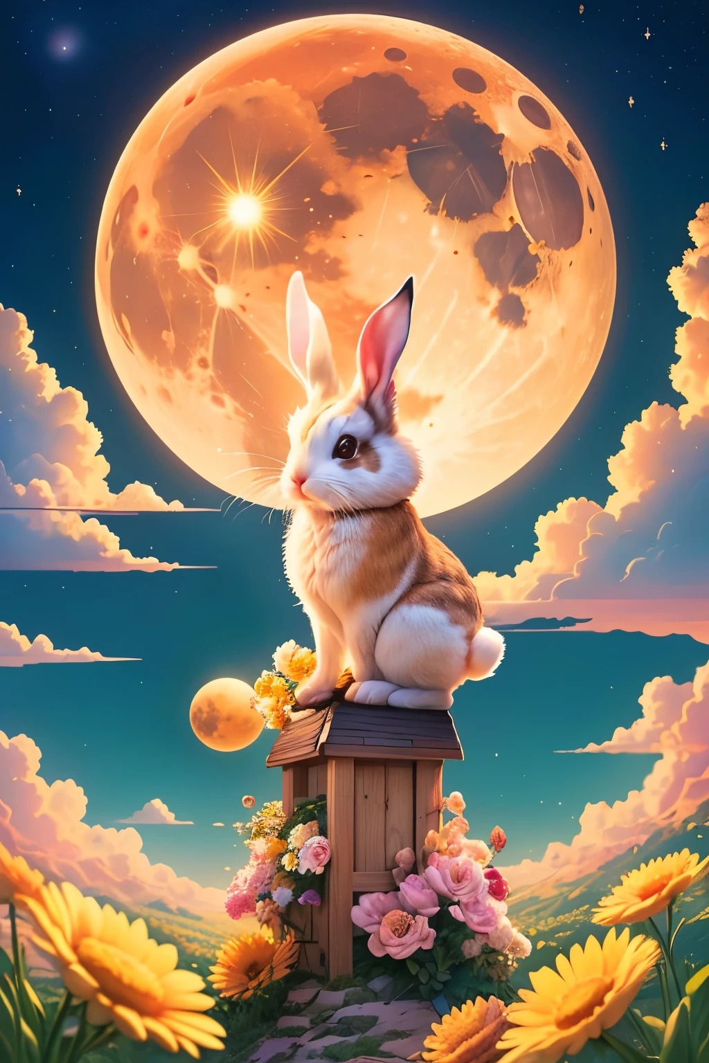 (最high quality,4K,8k,High resolution,masterpiece:1.2),Super detailed,Yamazawa, Moon, cloud, night,Clever rabbit, standing on a roof, gem, Traditional Media, Fresh flowers, high quality,