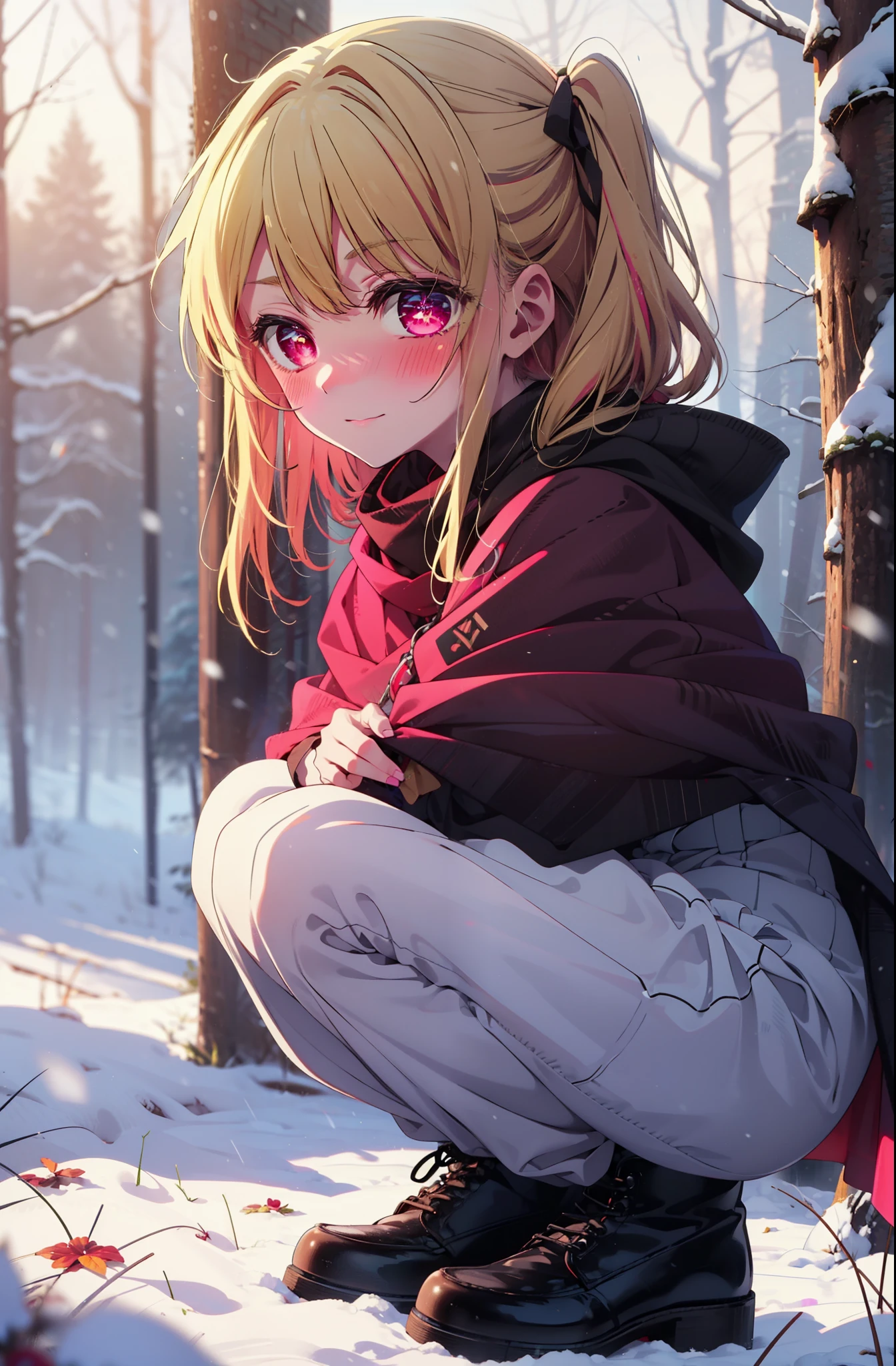 rubyhoshino, Hoshino Ruby, Long Hair, bangs, Blonde Hair, (Pink Eyes:1.3), Side Lock, (Symbol-shaped pupil:1.5), Multicolored Hair, Two-tone hair, smile,,smile,blush,White Breath,
Open your mouth,snow,Ground bonfire, Outdoor, boots, snowing, From the side, wood, suitcase, Cape, Blurred, , forest, White handbag, nature, Squat, Mouth closed, Cape, winter, Written boundary depth, Black shoes, red Cape break looking at viewer, Upper Body, whole body, break Outdoor, forest, nature, break (masterpiece:1.2), highest quality, High resolution, unity 8k wallpaper, (shape:0.8), (Beautiful and beautiful eyes:1.6), Highly detailed face, Perfect lighting, Extremely detailed CG, (Perfect hands, Perfect Anatomy),
