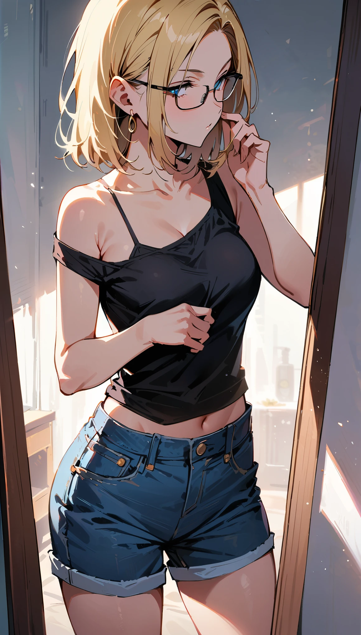 (masterpiece, best quality:1.2), upper body shot, solo, Android 18 from Dragon Ball, black camisole hanging off one shoulder, showing collarbone, denim shorts, short blonde hair loose, (blue eyes), (wearing glasses), earrings on earlobes, slender feminine figure, narrow waistline, skinny body, sunlight, looking at her reflection in a full length framed mirror, blur background, 4K