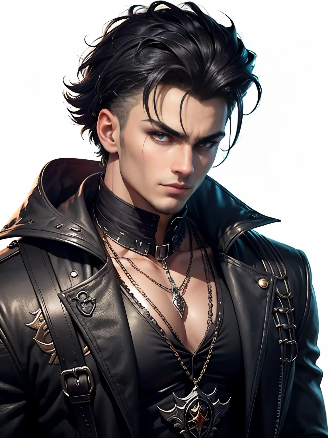 Create Facing front, looking straight ahead. an extravagant portrayal of a guy in Gothic style, emphasizing the guy theme. The design should feature Gothic elements such as lace, chains, and Victorian details, showcasing an elegant and intricate style. Utilize a color palette of black, white, and pastel tones to capture the unique Gothic aesthetic. The design must be eye-catching, with the guy centered in the image against a white background. he should fit well within the space, ensuring he does not touch the edges of the canvas. No text should be included in the image.
