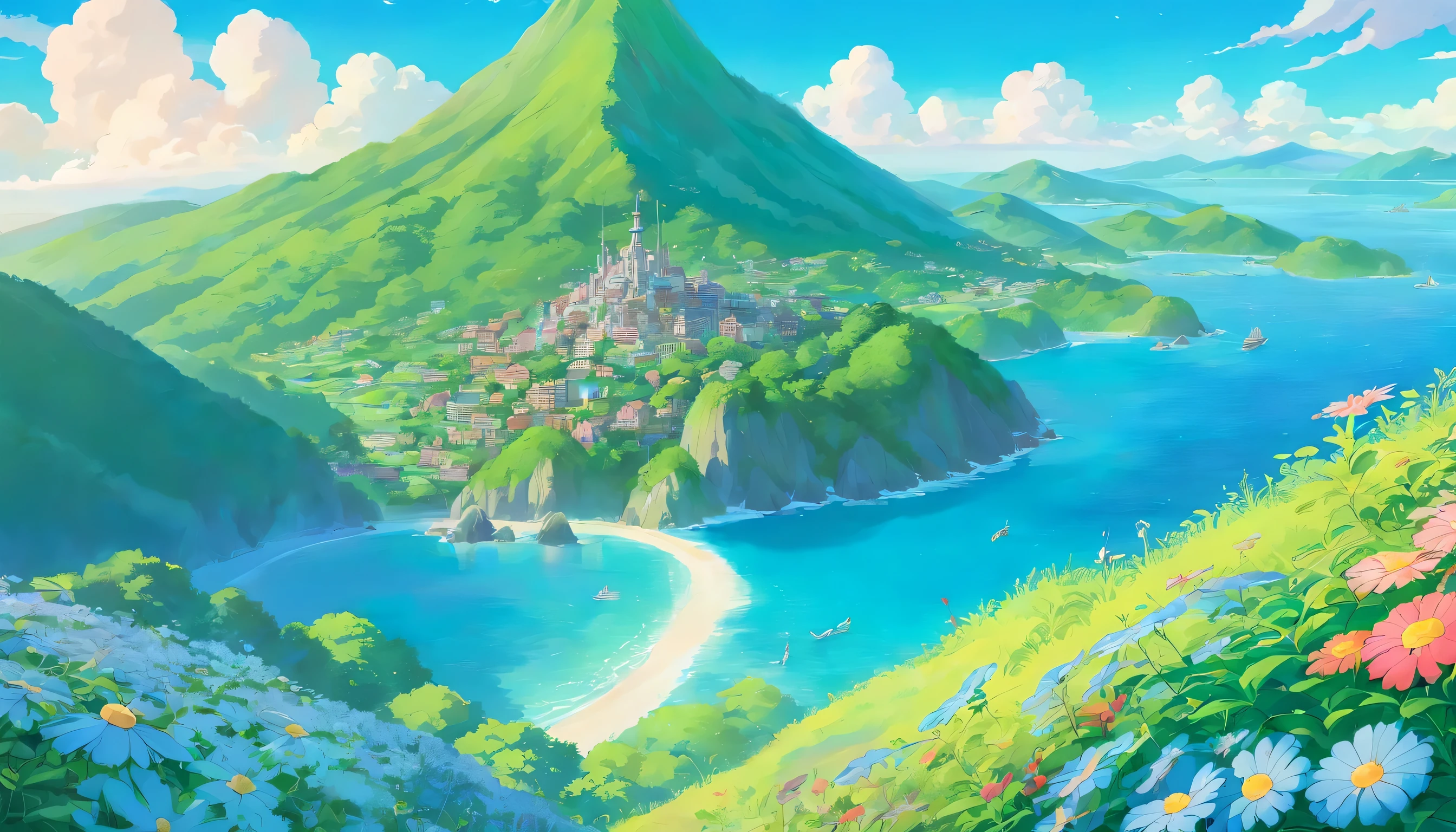 Illustration,Original Drawing,cartoon,Blue sky and white clouds,flower sea,green mountains,Canon EOS 80D,Intricate details,Cinematic Light,8K