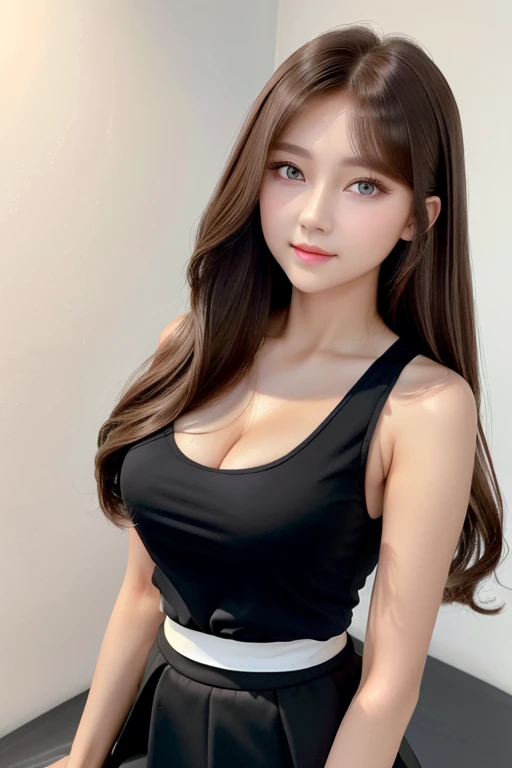 ((highest quality)), ((masterpiece)), (detailed), whole body、wallpaper、Attention to detail、Perfect balance、Tight waist、Light brown hair、Beautiful Skin、Beautiful white skin、Russian beauty、(masterpiece:1.3), Best image quality: 1.4, (Rough long hairstyle:1.2)、Soft bust、Cleavage:1.4、Wearing a black tank top、Wearing a black skirt