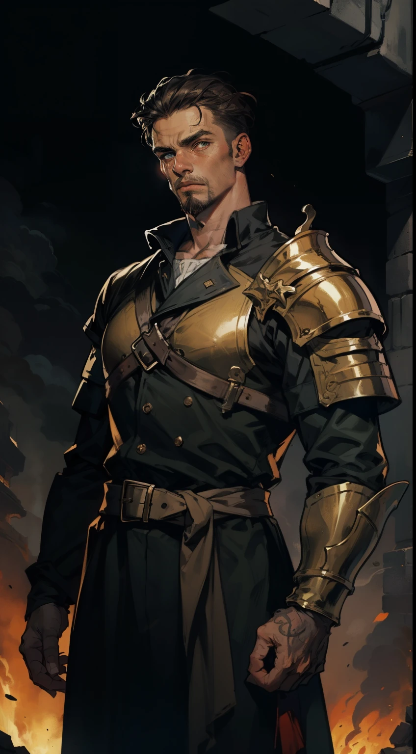 masterpiece, man, red_cloth, knight, Victorian frock coat, partial armor, Brunette, narrow face, pale_skin, dark_eyes, sharp facial features, goatee, dark background