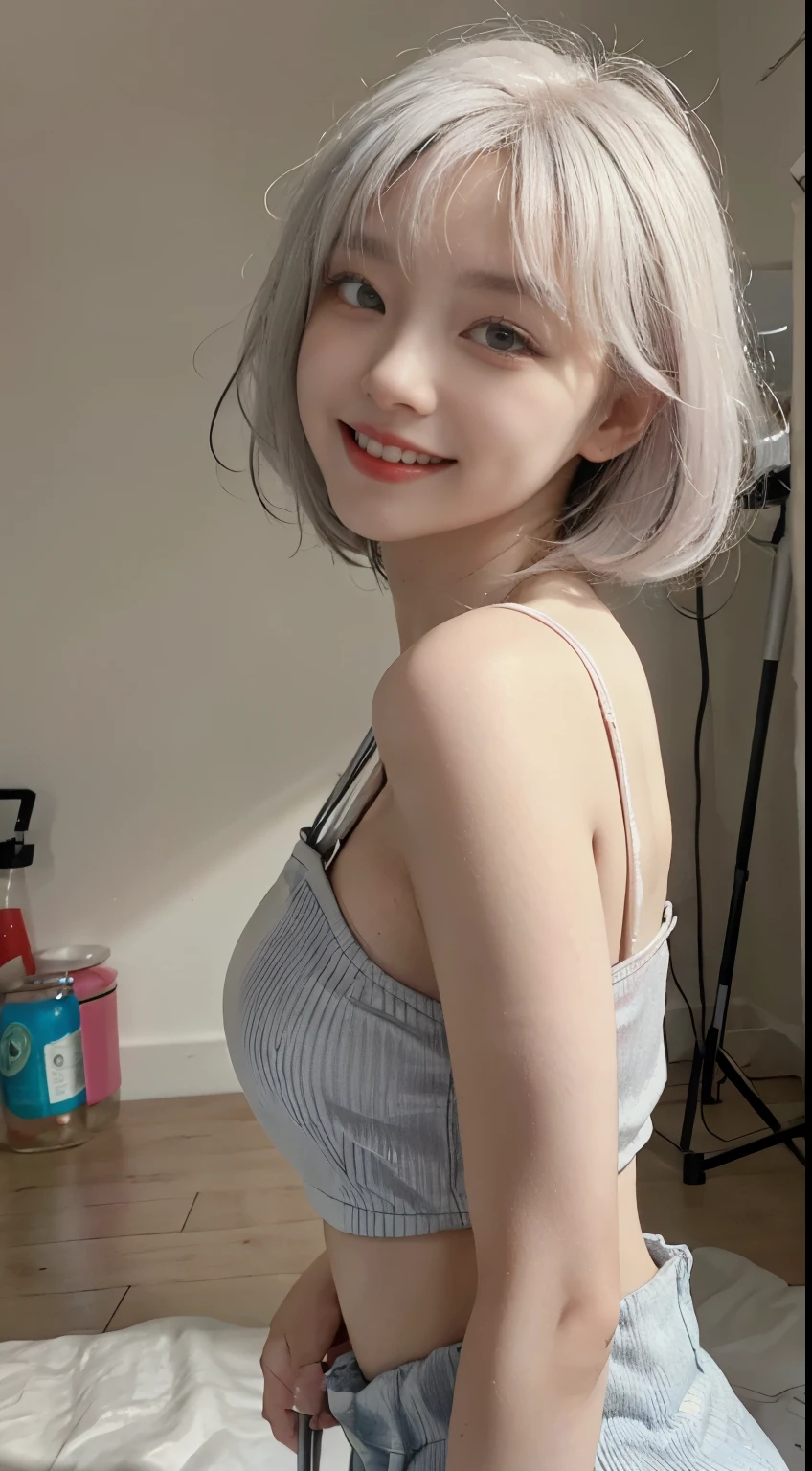 Best image quality、RAW Photos、超A high resolution、21 years old Korean、Small breasts、Dynamic Angle、Cowboy Shot、Chaos in its most beautiful form、elegant、Brutalist Design、Vibrant colors、Beautiful white hair、Short Bob、smile、fun、smile、Glowing White Skin、Beautiful eyes with random colors、Very thin lips、Beautiful eyes in every detail、length, Narrow eyes、Cheeks are pale pink、length eyelashes、Beautiful double eyelids、eye shadow、Bright white hair、Crop top、Overalls、Sandy Beach、null、Shooting from below at an angle