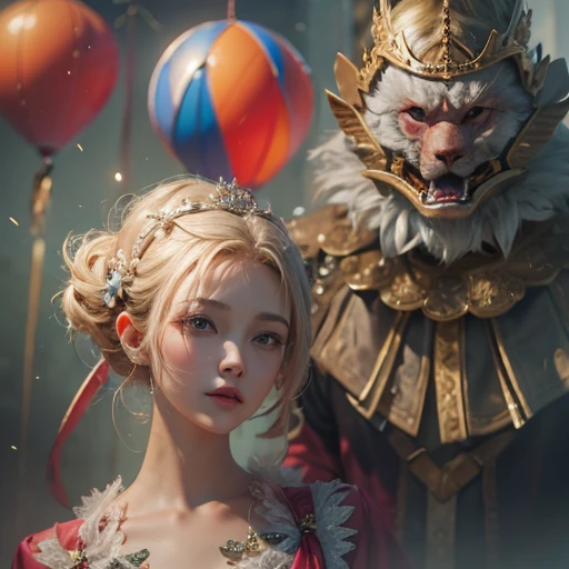 (masterpiece:1.3), (8k, Realistic, RAW Photos, Best image quality: 1.4), Fair-skinned fairy woman、short hair、Cleavage:2.0、Highly detailed face、Attention to detail、double eyelid、Sharp focus:1.2、Beautiful woman:1.4、highest quality、masterpiece、Ultra-high resolution、(Realistic:1.4)、Highly detailed and professionally lit smiles、カーネ・グリフィスを彷彿andさせる非常に詳細な線画, (Donald Trump'clown:1.7), (balloon:1.4), With the power of Vadim Kassim'大胆な色彩and質感, Light and airy, Like the works of Carl Larsson, dark background, dark, evil, fire, パスカル・ブランシュ風の超Realisticなキャラクター, pastel, Grace, Draandic lighting, Expressive camera angles, and, Concept Art, amusement park, masterpiece