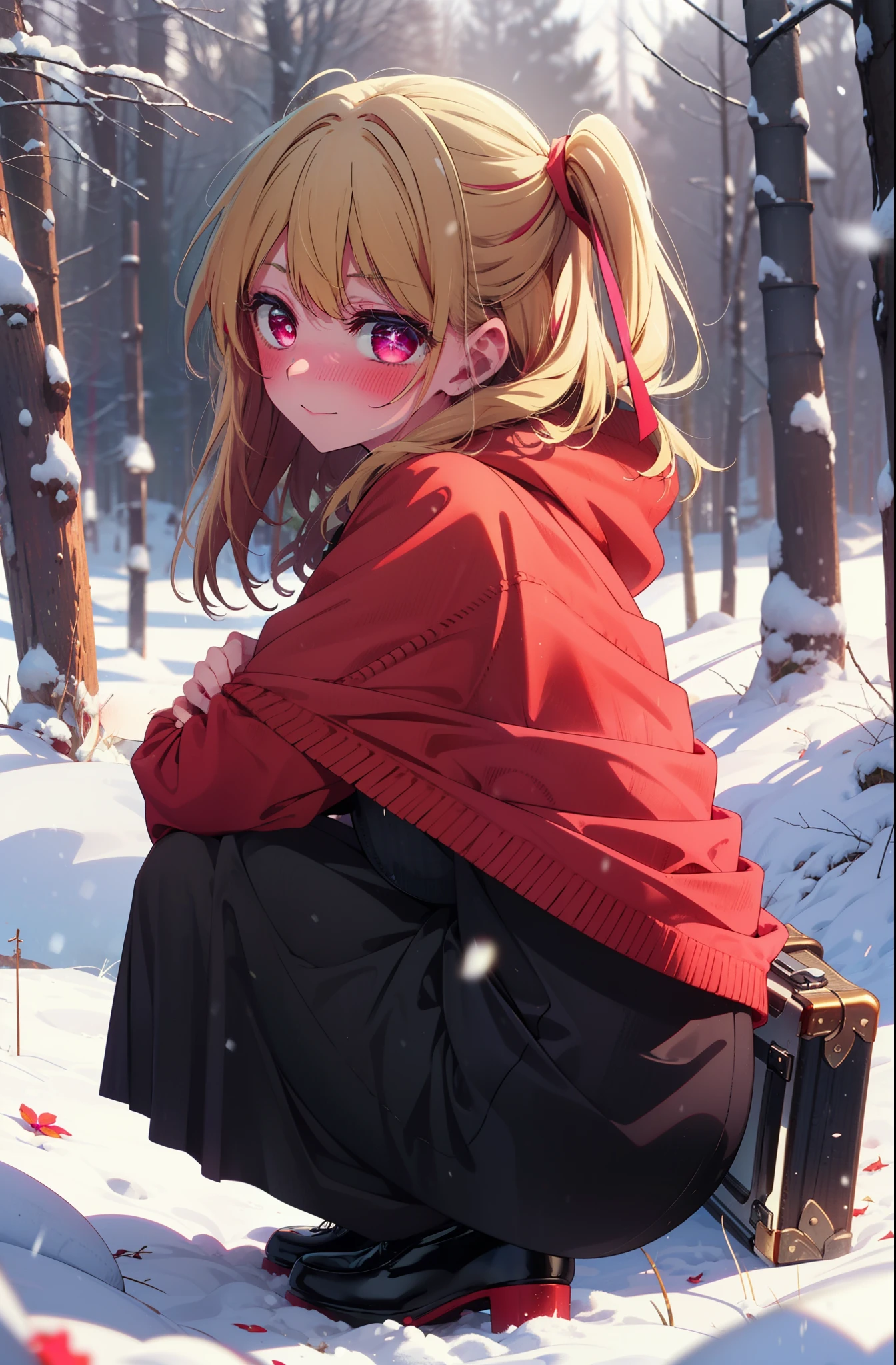 rubyhoshino, Hoshino Ruby, Long Hair, bangs, Blonde Hair, (Pink Eyes:1.3), (Symbol-shaped pupil:1.5), Multicolored Hair, Two-tone hair, smile,blush,White Breath,
Open your mouth,snow,Ground bonfire, Outdoor, boots, snowing, From the side, wood, suitcase, Cape, Blurred, , forest, White handbag, nature, Squat, Mouth closed, Cape, winter, Written boundary depth, Black shoes, red Cape break looking at viewer, Upper Body, whole body, break Outdoor, forest, nature, break (masterpiece:1.2), highest quality, High resolution, unity 8k wallpaper, (shape:0.8), (Beautiful and beautiful eyes:1.6), Highly detailed face, Perfect lighting, Extremely detailed CG, (Perfect hands, Perfect ???????),