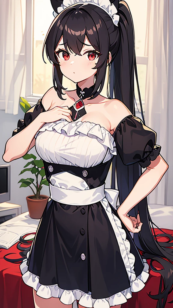 adulto, Cabello negro ondulado, mirada penetrante con ojos profundos de color rojo, estatura promedio, Silky hair with a ponytail hairstyle collected with a red bow with two white lines, tiene pechos grandes, primer plano, session, standing in the middle of his room [[[[Maid]]] , Sonrojada, muslos grandes, maid