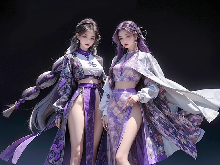 highest quality, Very detailed, masterpiece, Two women posing,(((Perfect female body))),Very beautiful face, Very beautiful body,Gentle expression, Very beautiful eyes,(Perfect Makeup:1.1),Fashion Model,Cyberpunk Fashion,Curly Hair,Shaggy Hair, (Drifting in the Wind,Very long braided hair dyed white and purple: 1.5),Pink and blue gradient:1.3, very thin body,Smart Abs,(Monogram pattern:1.3),Tech See-Through Blazer,Monogram patternロングレングススカート,anklet,Tech High Top Sneakers,A kind smile,Full body portrait,(Night in Cyber City), (Shiny skin),(Earrings),Long scarf with elegant pattern,Neon long shawl,Digital Feather,