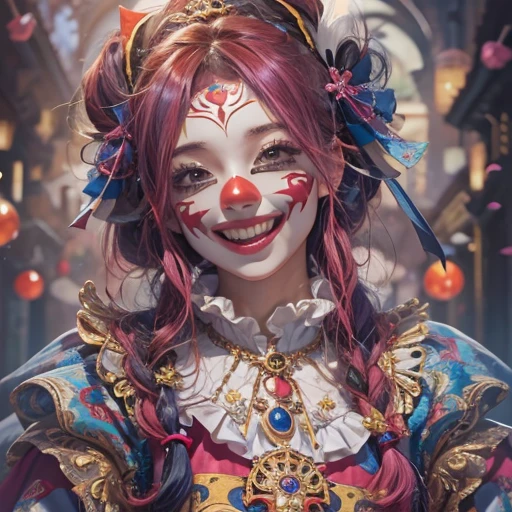 Hiding in the castle、Hair flow、 ((highest quality、masterpiece、8k、Best image quality、Ultra-high resolution、Award-winning works)、(Accurate anatomy:1.1)、(Look at me and smile:1.1)、Shining fair skin with Ultra-high resolution、The most detailed face、Ultra-high resolution detailed face、Ultra-high resolutionの髪の毛、(Ultra-high resolutionの煌めく瞳:1.1)、Beautiful face drawn in every detail、(Blurred Background:1.1)、Cheerful clown costume, Chest to chest, tattoo,、Clown Makeup、Holding a masquerade mask
