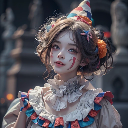 Standing in the grave、Hair flow、 ((highest quality、masterpiece、8k、Best image quality、Ultra-high resolution、Award-winning works)、(Accurate anatomy:1.1)、(Look at me and smile:1.1)、Shining fair skin with Ultra-high resolution、The most detailed face、Ultra-high resolution detailed face、Ultra-high resolutionの髪の毛、(Ultra-high resolution eye:1.1)、Beautiful face drawn in every detail、Cheerful clown costume, Chest to chest, Strange atmosphere, Ghosts flow, Dark Light, At the cemetery, Heavy makeup