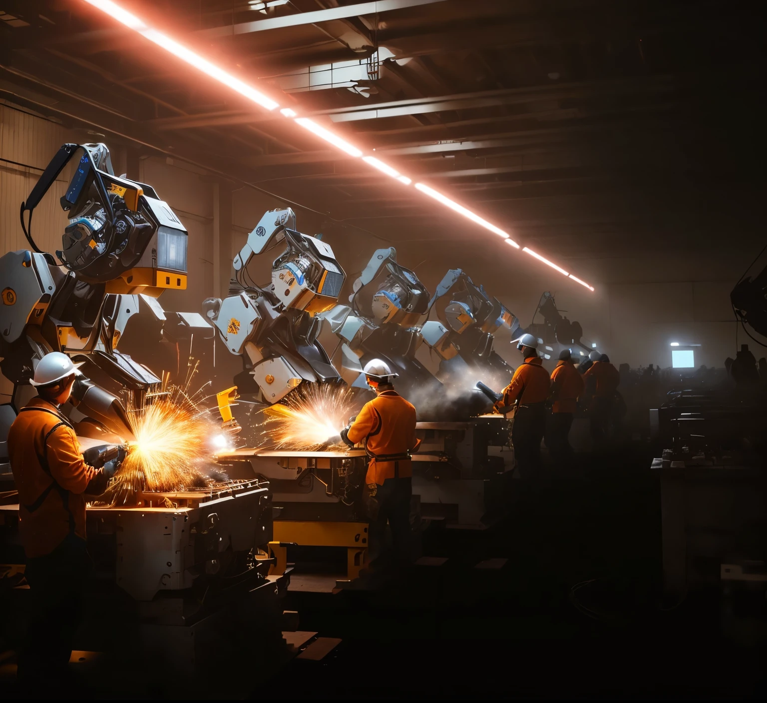 a group of workers working on robots 在factory, manufacturing, robot machinery,  robot machinery, 機器人機器factory, factory, Mechanical arm, Industrial robot，Add text to the image：Welding skills showdown：Body Shop 2024 Annual Skill Competition