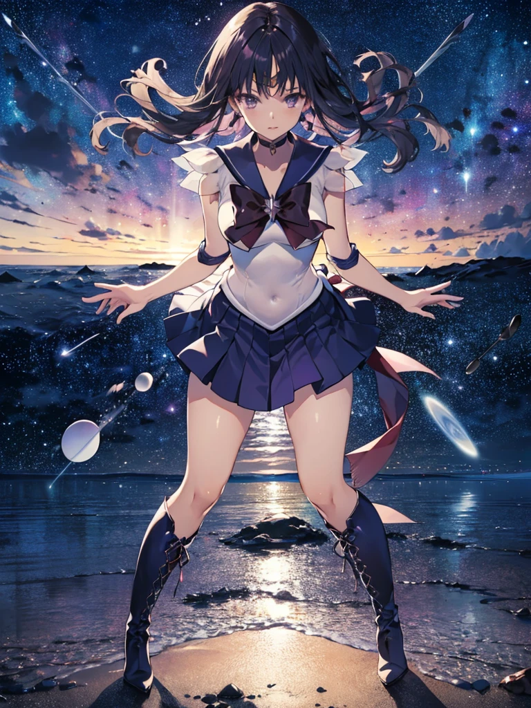 (full body),1 girl，solo，Sailor Saturn, purple Sailor collar, Sailor collar, Sailor Warrior Uniform,White leotard，Elbow Handbags，Braided knee-high boots，Black Hair，Bobcut，Gold tiara on forehead, Tomoe Hotaru, space, (Highest_quality:1.2), (Ultra_detailed:1.3), 8k, very_clear, Dynamic Shot，Kung Fu Pose，Highestquality, High resolution, unity 8k wallpaper, (shape:0.8), (Beautiful and fine grain:1.6), verydetailedな顔, Perfect Sentence, detailedなCG, (Perfect hands, Perfect Anatomy),Thick thighs, Squat，Spread your legs，Dynamic Angle, (From behind,Bent over, ),Looking down，From below，