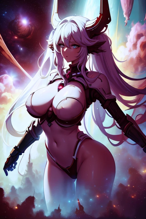 -artwork- -4k- -high quality- a completely white entity, goddess, 100% white light, no human features, female sexy body, big breasts, big butt, big waist, red horns, wearing white tunic, in the space, the planet earth passing through her chest