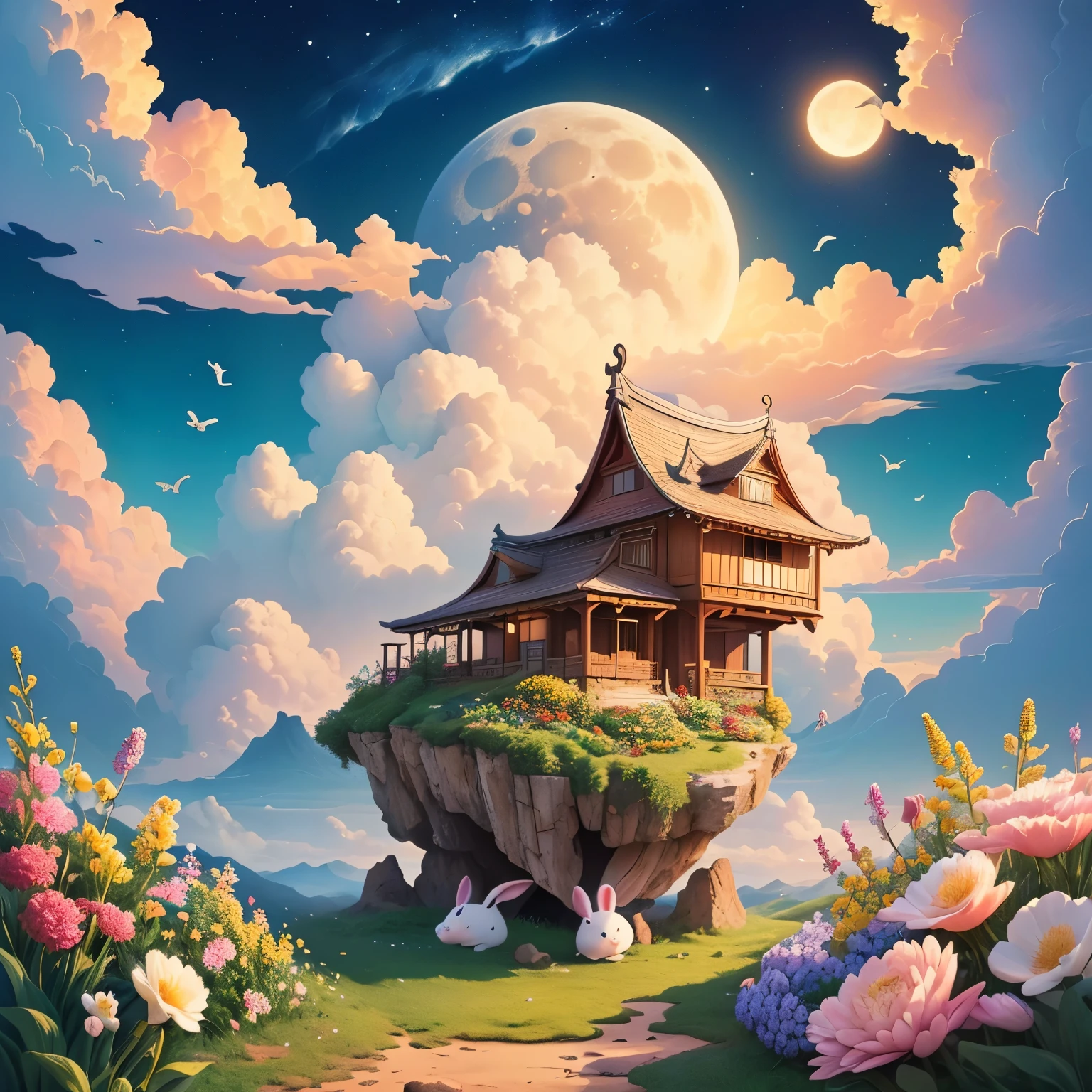 (最high quality,4K,8k,High resolution,masterpiece:1.2),Very detailed,Yamazawa, moon, cloud, night,Clever rabbit, standing on a roof, gem, Traditional Media, Fresh flowers, high quality,