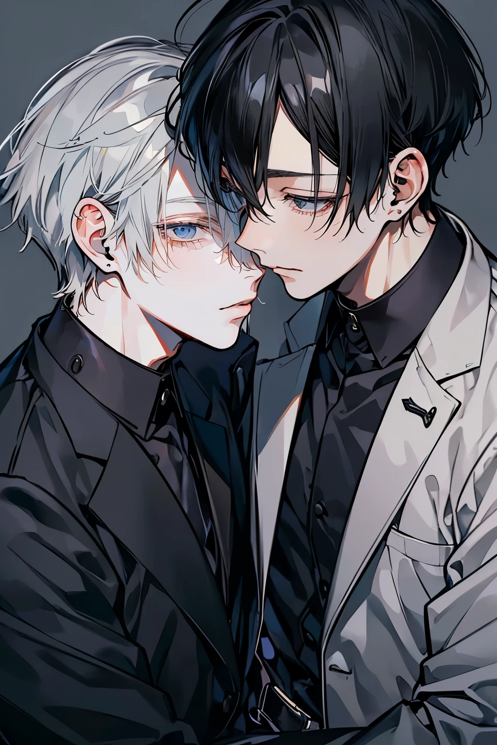 (Mastepiece), (Best Quality), Very detailed, ((Two men intimate:1.5)), Perfect Face, Beautiful Face, Very detailedな顔，(Black-haired man:1.3)，(Grey-haired man:1.3)、suit
