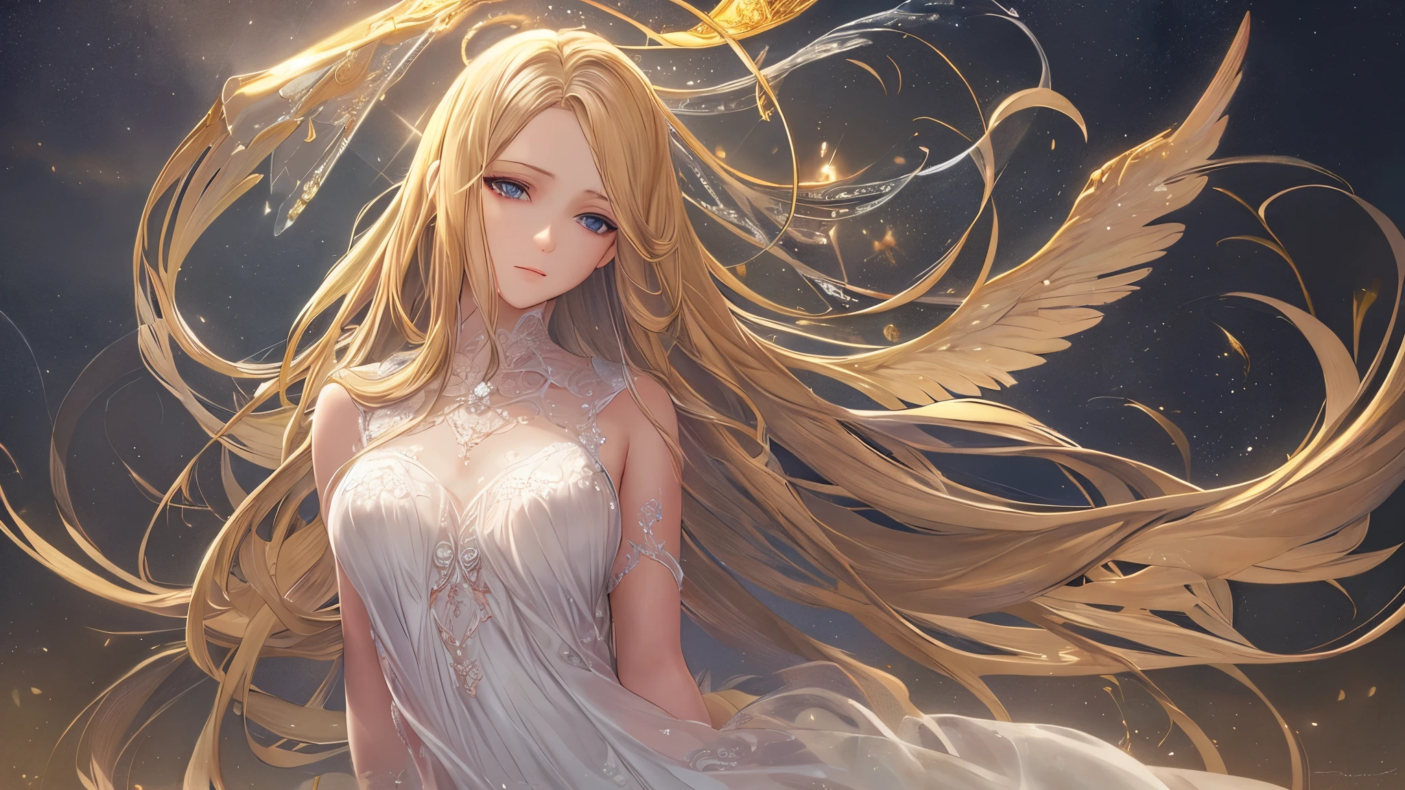 a beautiful blonde angel girl, 13years old, detailed face, delicate features, long eyelashes, serene expression, flowing white dress, soft lighting, ethereal, glowing skin, detailed folds and textures, (best quality,4k,8k,highres,masterpiece:1.2),ultra-detailed,(realistic,photorealistic,photo-realistic:1.37),digital painting, intricate details, warm color palette, heavenly atmosphere, glowing halo, delicate wings, divine presence