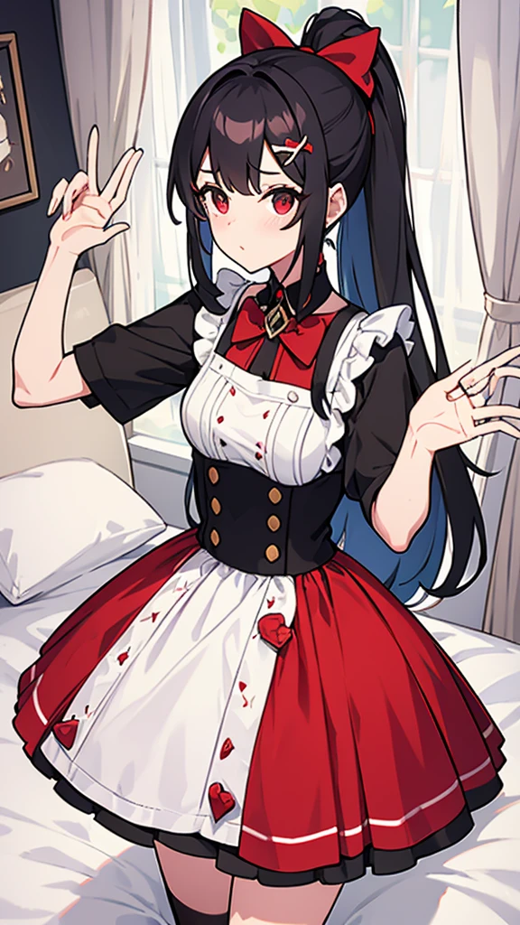 adulto, Cabello negro ondulado, mirada penetrante con ojos profundos de color rojo, estatura promedio, Silky hair with a ponytail hairstyle collected with a red bow with two white lines, tiene pechos grandes, primer plano, session, standing in the middle of his room [[[[Maid]]] , Sonrojada, muslos grandes, maid