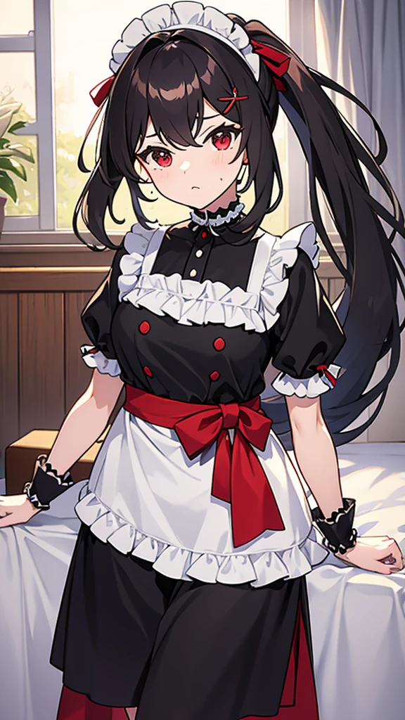 adulto, Cabello negro ondulado, mirada penetrante con ojos profundos de color rojo, estatura promedio, Silky hair with a ponytail hairstyle collected with a red bow with two white lines, tiene pechos grandes, primer plano, session, standing in the middle of his room [[[[Maid]]] , Sonrojada, muslos grandes, maid