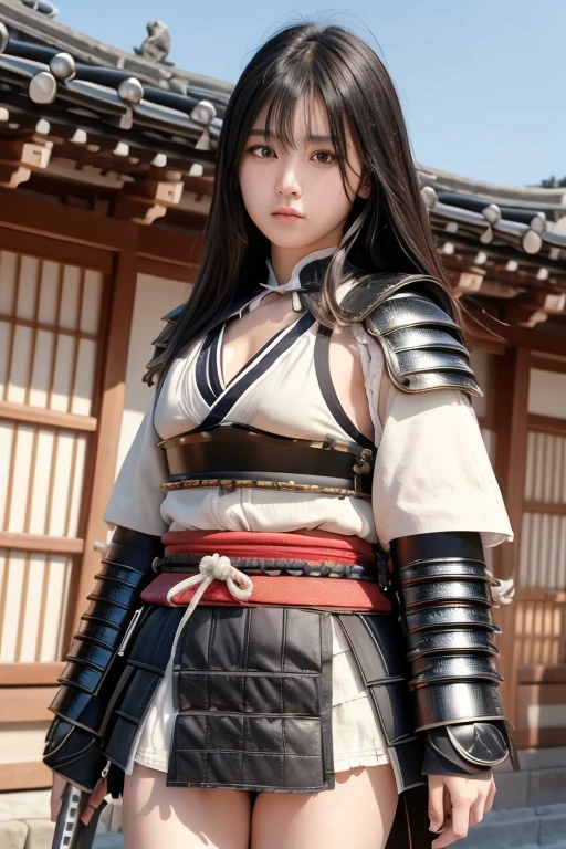 Ultra high definition、High resolution、8k、Raw photo、1 beautiful teenage Japanese woman、Big beautiful eyeedium chest、Black semi-long hair、(samurai armor:1.4), walking, (cowboy shot:1.2), nice angle, nice posture, (outdoor, kyoto)