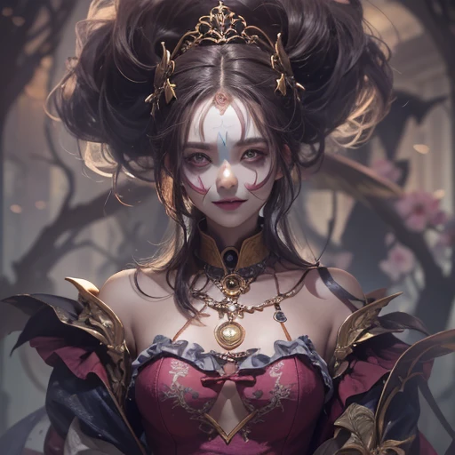 Hiding in the tomb、Hair flow、 ((highest quality、masterpiece、8k、Best image quality、Ultra-high resolution、Award-winning works)、(Accurate anatomy:1.1)、(Look at me and smile:1.1)、Shining fair skin with Ultra-high resolution、The most detailed face、Ultra-high resolution detailed face、Ultra-high resolutionの髪の毛、(Ultra-high resolutionの煌めく瞳:1.1)、Beautiful face drawn in every detail、Cheerful clown costume, Chest to chest, tattoo,Strange atmosphere, Ghosts flow, Dark color makeup