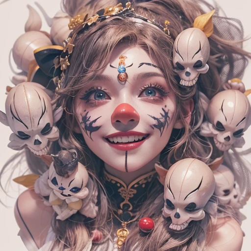 Hiding in the tomb、Hair flow、 ((highest quality、masterpiece、8k、Best image quality、Ultra-high resolution、Award-winning works)、(Accurate anatomy:1.1)、(Look at me and smile:1.1)、Shining fair skin with Ultra-high resolution、The most detailed face、Ultra-high resolution detailed face、Ultra-high resolutionの髪の毛、(Ultra-high resolutionの煌めく瞳:1.1)、Beautiful face drawn in every detail、Cheerful clown costume, Chest to chest, tattoo,Strange atmosphere, Ghosts flow, Dark color makeup