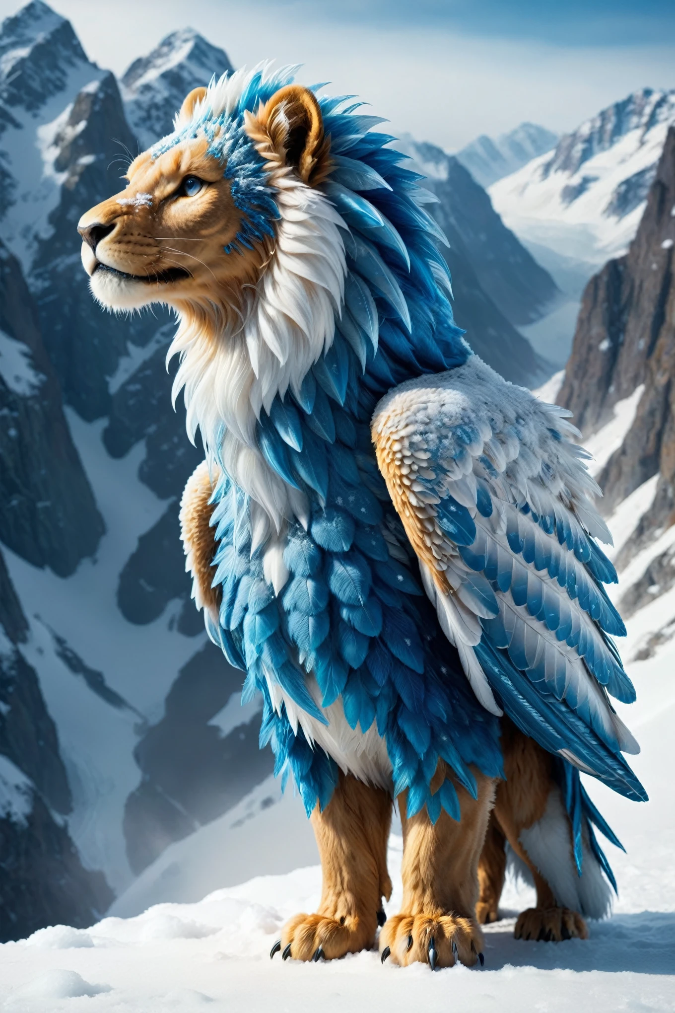 illustrious,The Frostfeather Gryphon is a majestic creature with the body of a lion and the head and wings of an eagle, its feathers and fur glistening with icy blue hues. It dwells in the snow-covered peaks of the Winterspire Mountains, where the temperatures are perpetually frigid. Its talons are sharp as icicles, and its eyes, a piercing blue, can see through the thickest snowstorms. This gryphon is revered by the mountain tribes for its ability to summon blizzards and is often depicted in their winter solstice celebrations intricate details, colorful, magical, realism, hyperrealistic, 