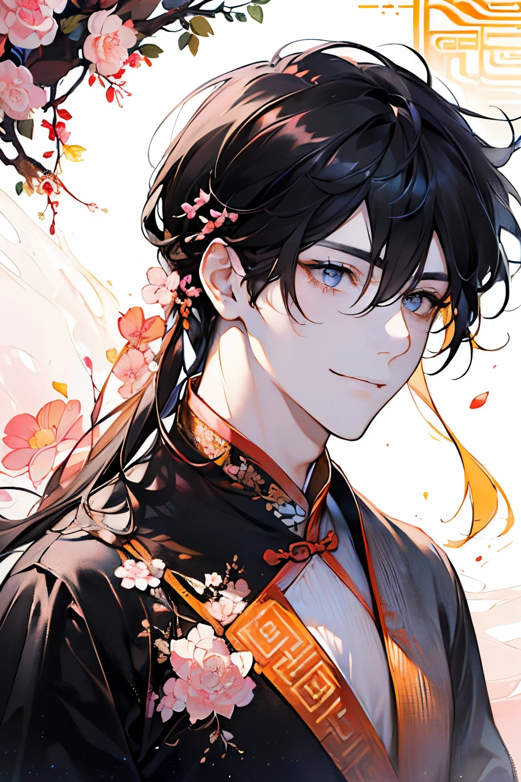 (Adult male:1.45)、(masterpiece、highest quality、highest quality、Beautiful and beautiful:1.2)、(Good anatomy:1.5)、Painting of a Man with milky blonde wave hair、Shy smile、Sparkling Eyes、looking down、strawberry pattern background、((long hair:1.2))、(black hair:1.45)、(black、pink、orange、yellow:1.2)、(Chinese hanfu concept:1.25)、((Top view:1.2))